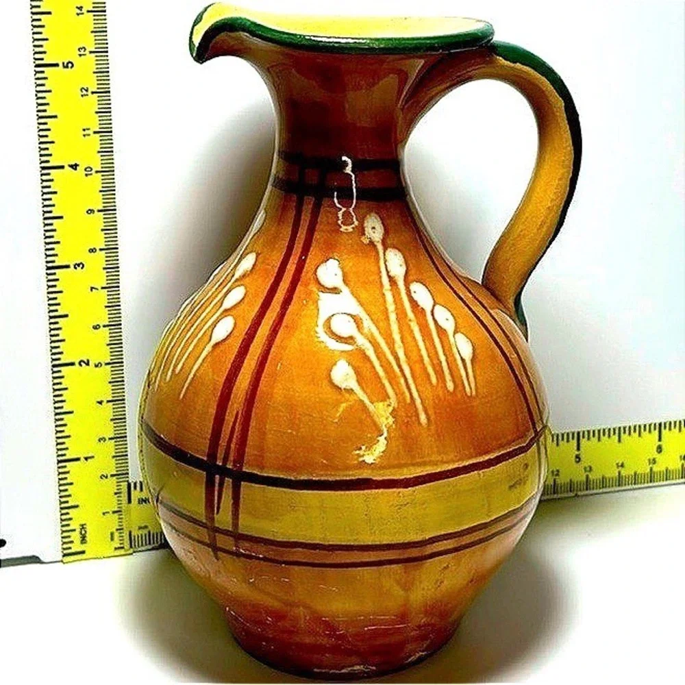 Hand Painted Ceramic‎ Pitcher Vase Rustic Farmhouse Decor Small Jug Tan 5.5